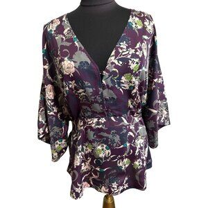 Old Navy Womens Plus Size 2X Floral Kimono Top Purple Green V-Neck Wide Sleeves
